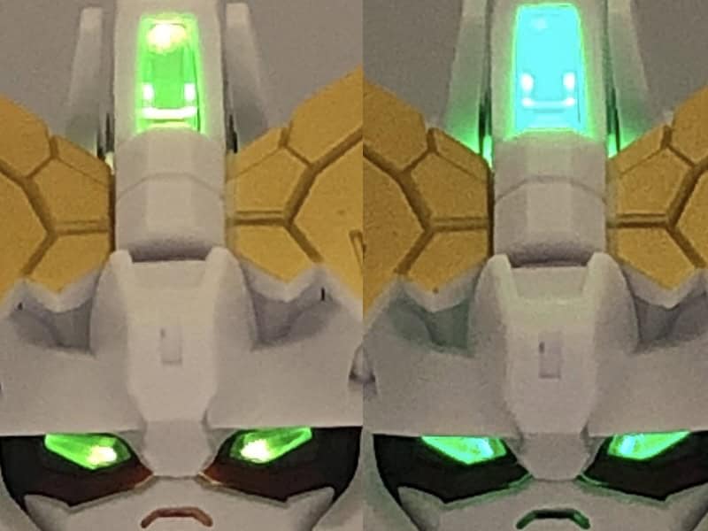 ルミナスユニットと緑色LEDで発光させたMSメカニカルバスト ユニコーンガンダムの比較