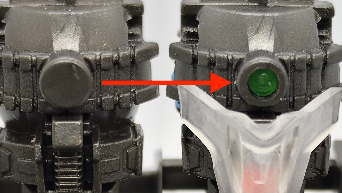 MSメカニカルバスト頭部の比較。左は未加工、右はモノアイ部に穴を開けてLED発光に対応した状態