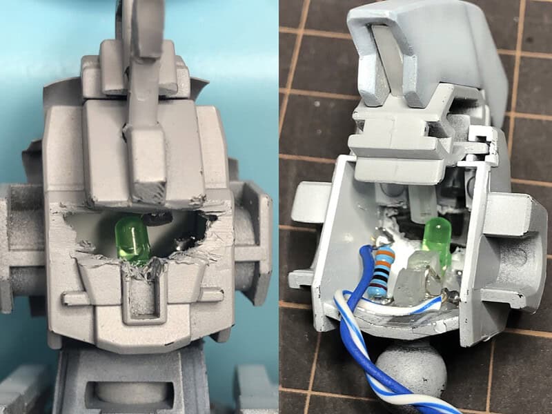 メカニカルバストユニコーンガンダム外装キット頭部の発光化工作例