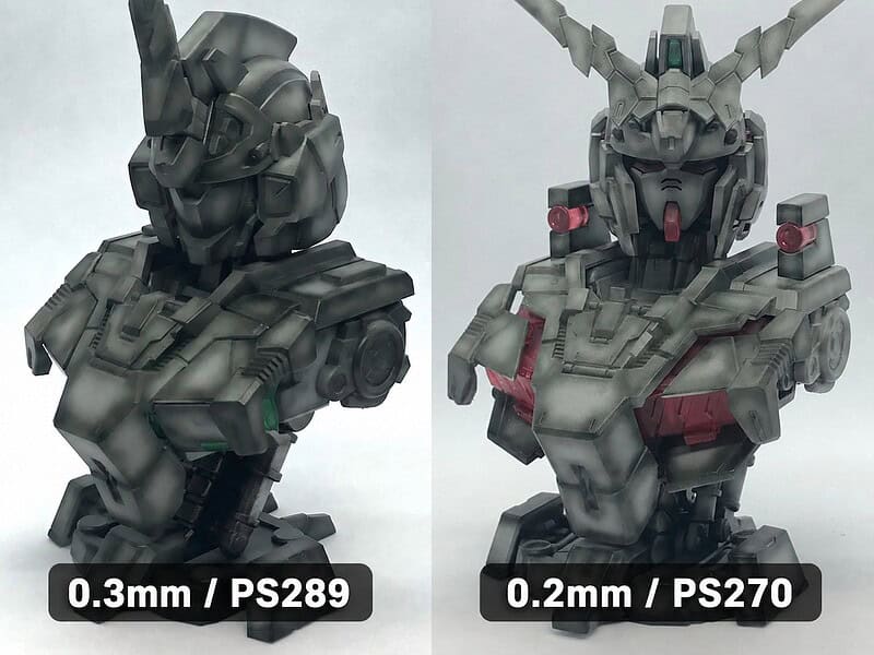 0.3mmと0.2mmのハンドピースでプリシェーディング塗装したユニコーンガンダムの比較